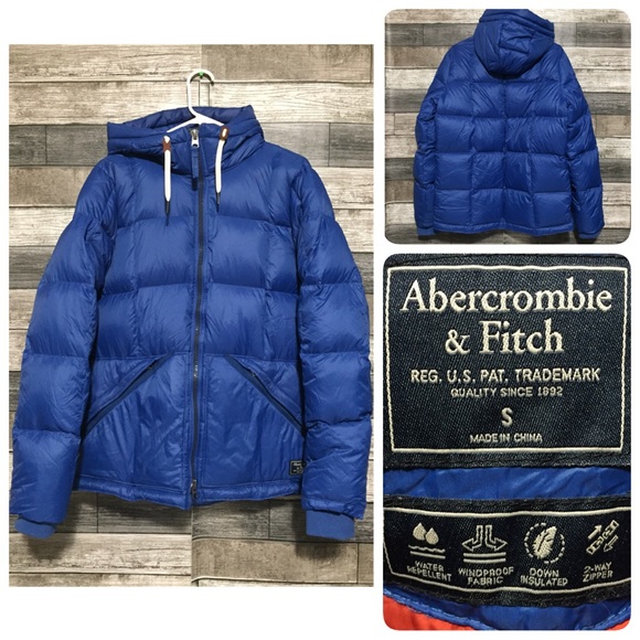 Abercrombie & Fitch Hooded Down Puffer Jacket Men’s S Blue Full Zip Pockets - Picture 1 of 12